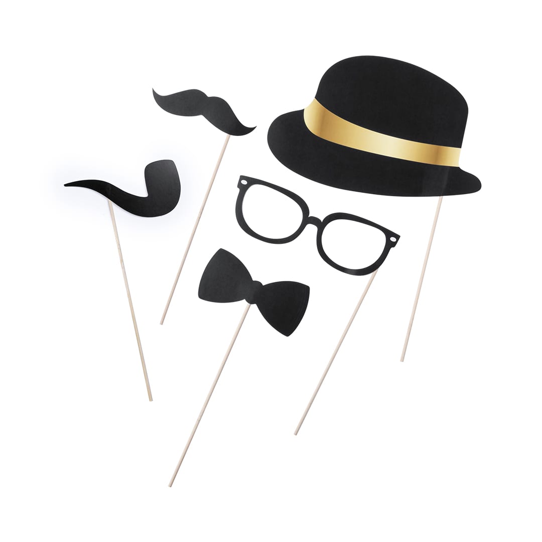 A set of black photo props including a moustache, hat, glasses, and bow tie on wooden sticks. Carrey Selfie Set - Image 1