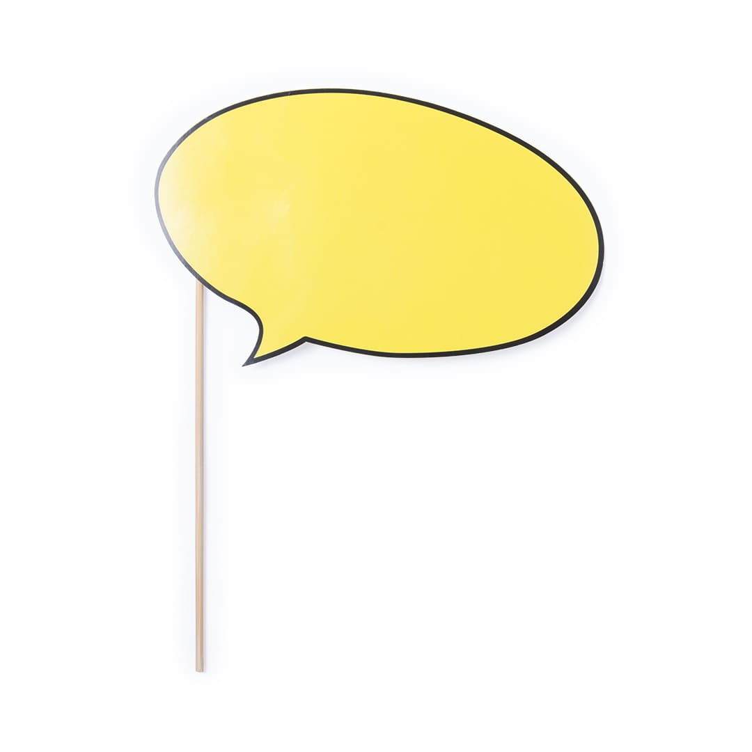 A large yellow speech bubble prop on a wooden stick, ideal for events and exhibitions. Kraliem Selfie - Image 1