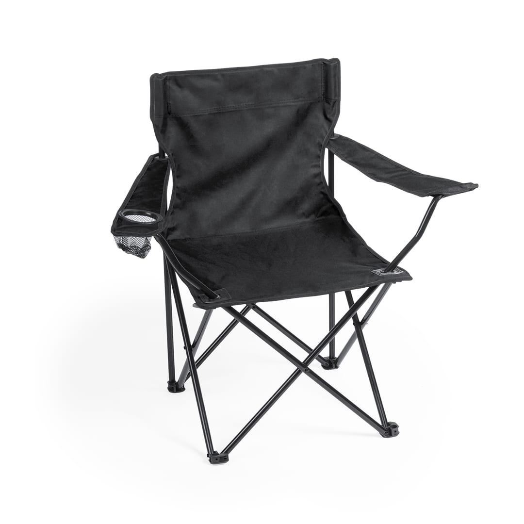 A black folding chair with armrests and a cup holder, featuring a sturdy metal frame and fabric seat. Bonsix Chair - Image 1