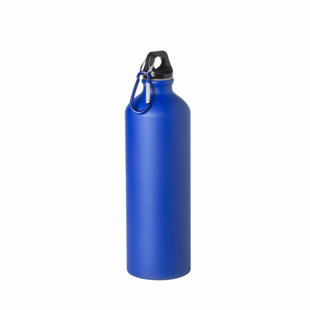 A drink bottle in a matte blue finish with a black cap and an attached carabiner. It features a logo. Delby - Image 1