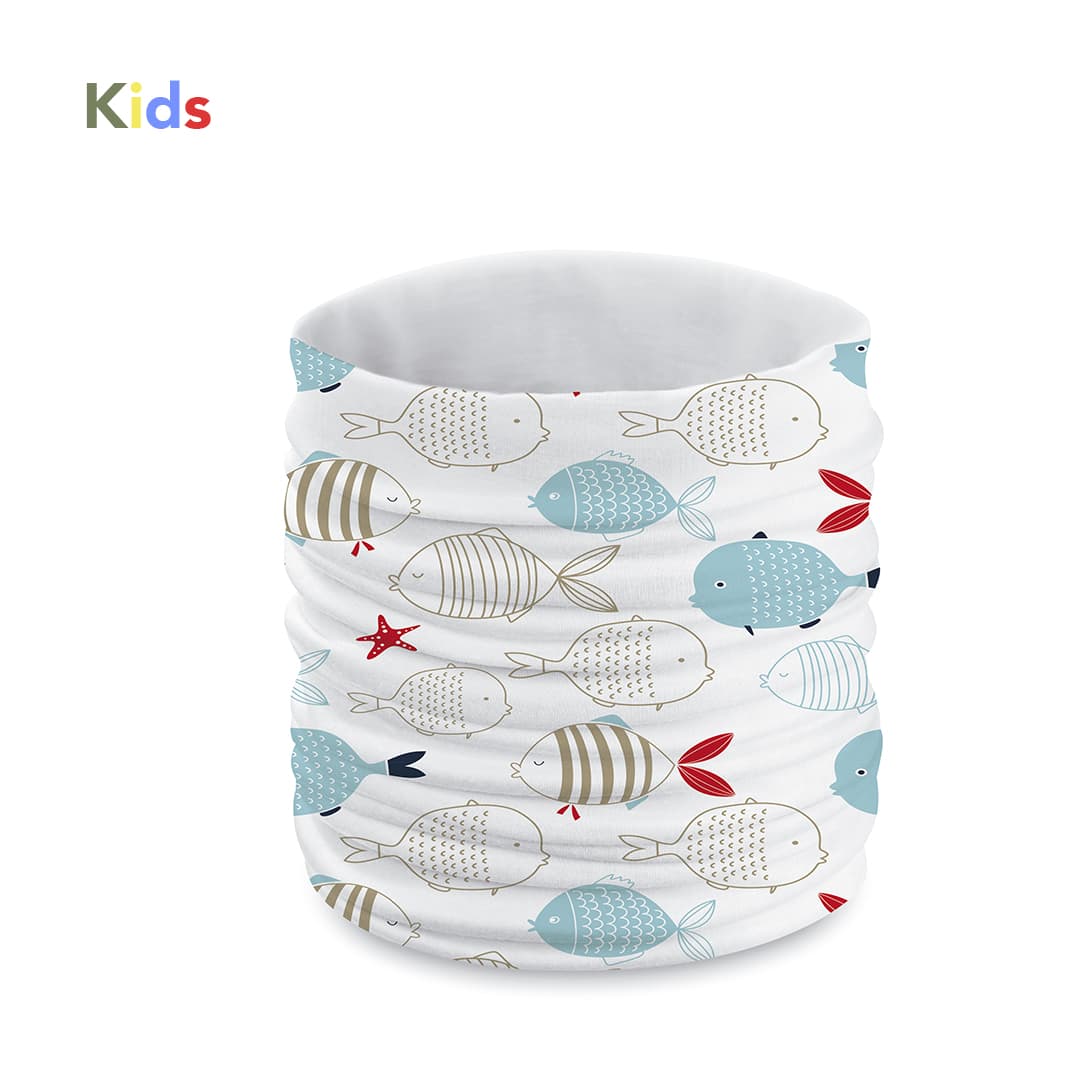 A tubular neck warmer featuring a white background with various illustrated fish in blue, grey, and red. It has a logo. Holiam Neck Warmer - Image 1