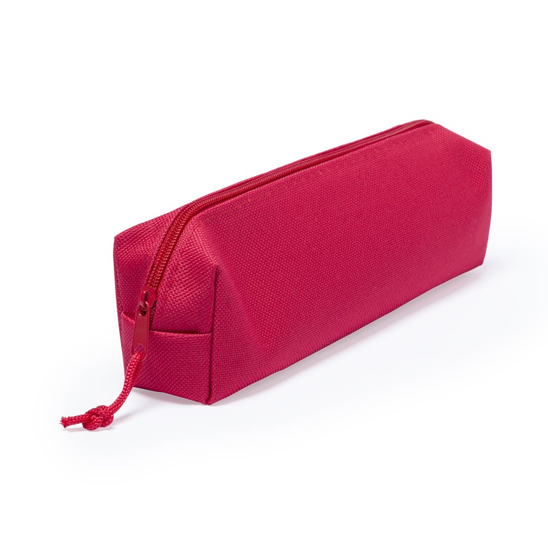 A red pencil case with a zip closure and a triangular design, featuring a branded logo. Atecax Pencil Case - Image 1