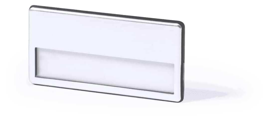 A silver and white ID badge holder with a clear section for displaying information. Upsin Id Badge - Image 1