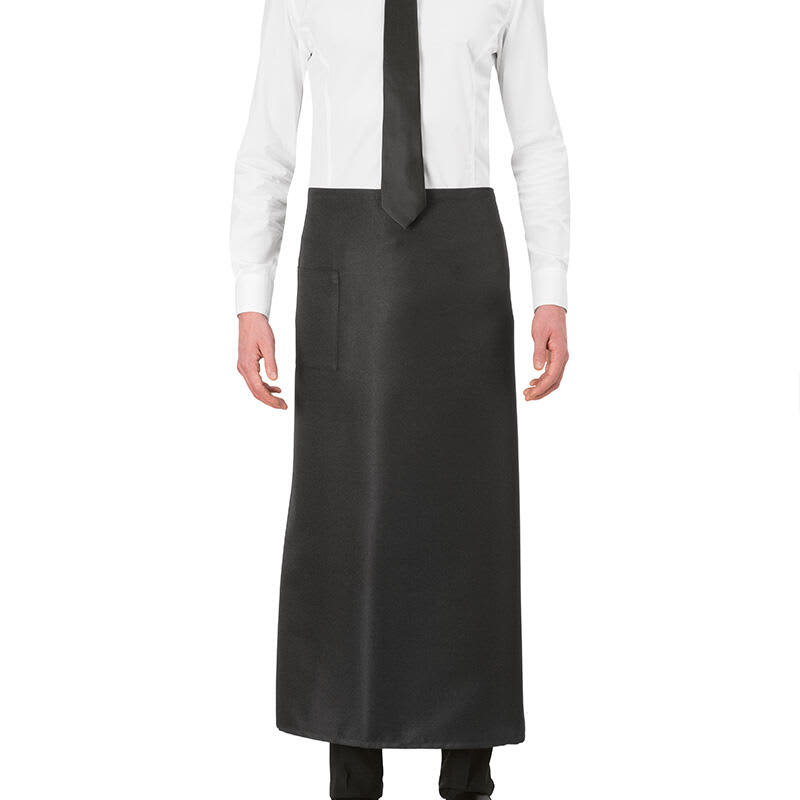 A black brasserie apron worn by a person dressed in a white shirt and black tie, with a pocket visible. Brasserie Apron - Image 1
