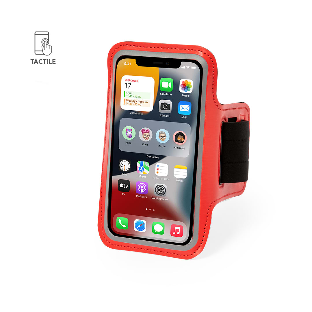 A red armband phone holder suitable for outdoor activities, featuring a clear screen cover and an adjustable strap. Kelan Armband - Image 1