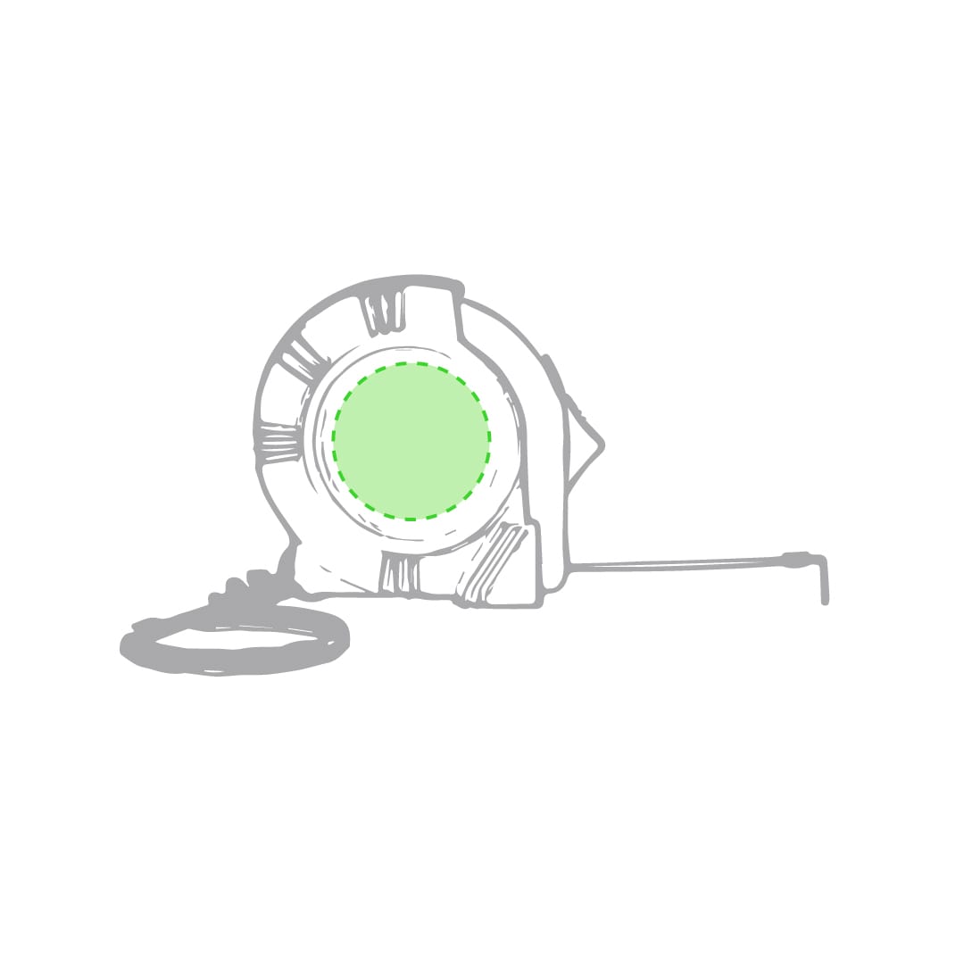 A green and grey tape measure with a keyring attachment, featuring a circular design and a retractable measuring tape. Harrol 1m Tape Measure - Image 1