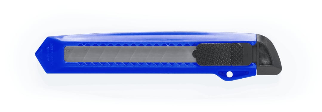 A blue cutter tool with a black rubber grip, featuring a retractable blade and an accompanying logo. Koltom Cutter - Image 1