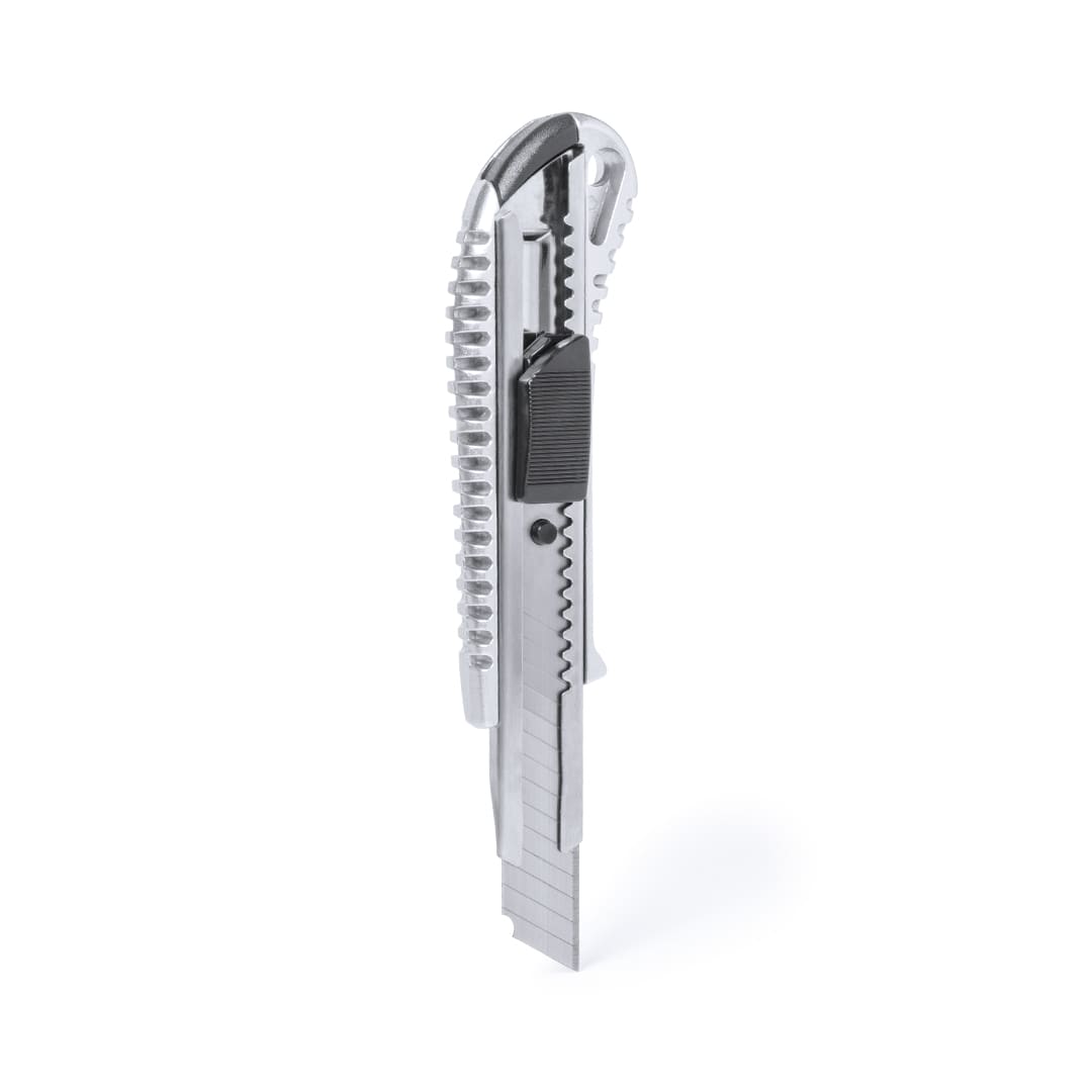 A silver utility knife with a retractable blade and textured grip. It features a built-in locking mechanism. Gruesly Cutter - Image 1