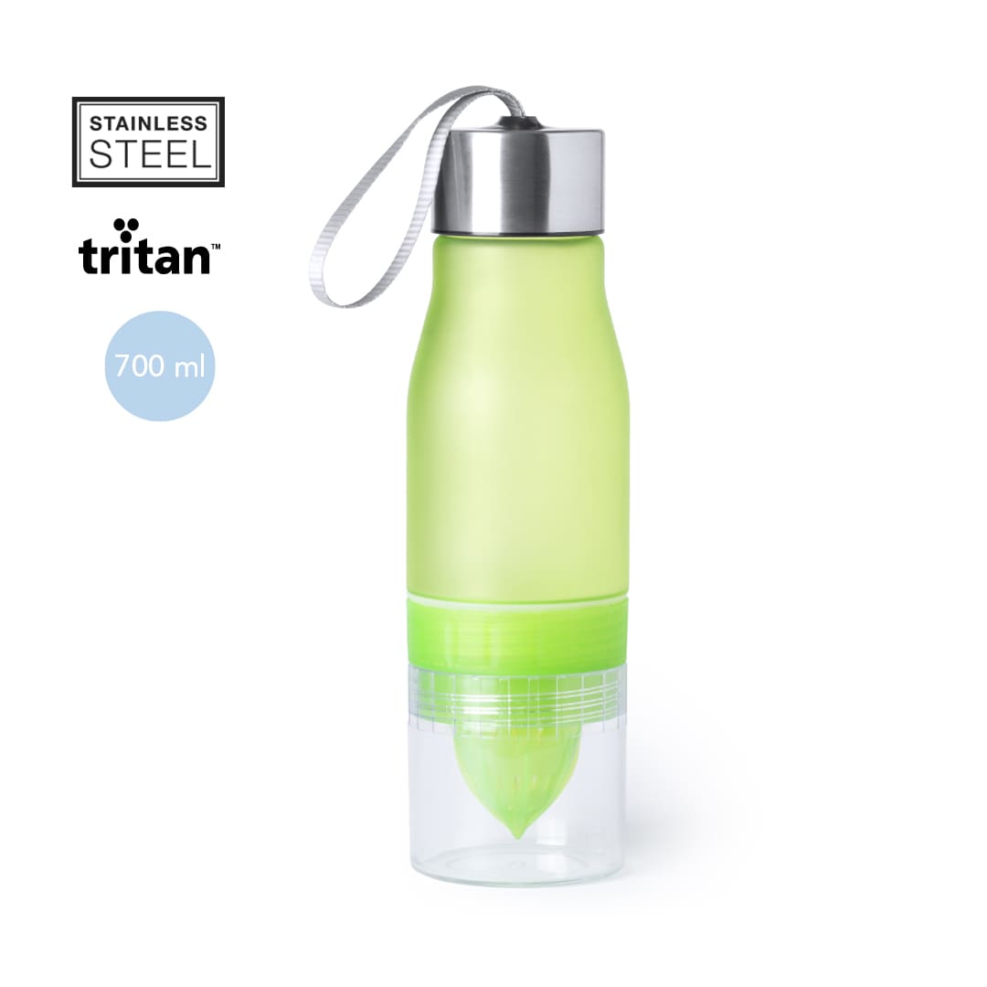 A drink bottle in green and clear, featuring a stainless steel lid, with a built-in juicer at the bottom. Holds 700 ml. Selmy Juicer Bottle - Image 1