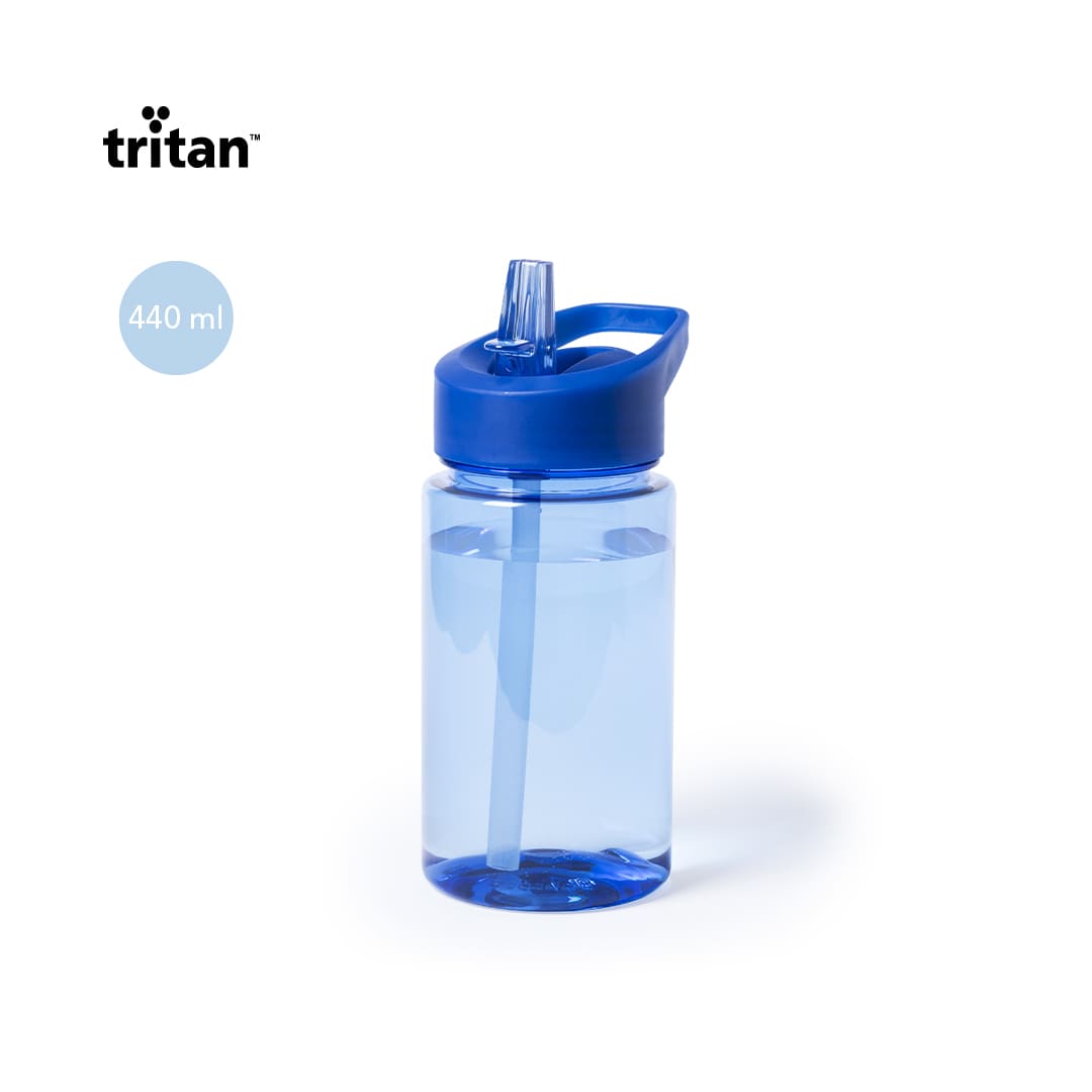 A drink bottle in transparent blue with a blue lid and straw, featuring a logo, holding 440 ml. Deldye Bottle - Image 1