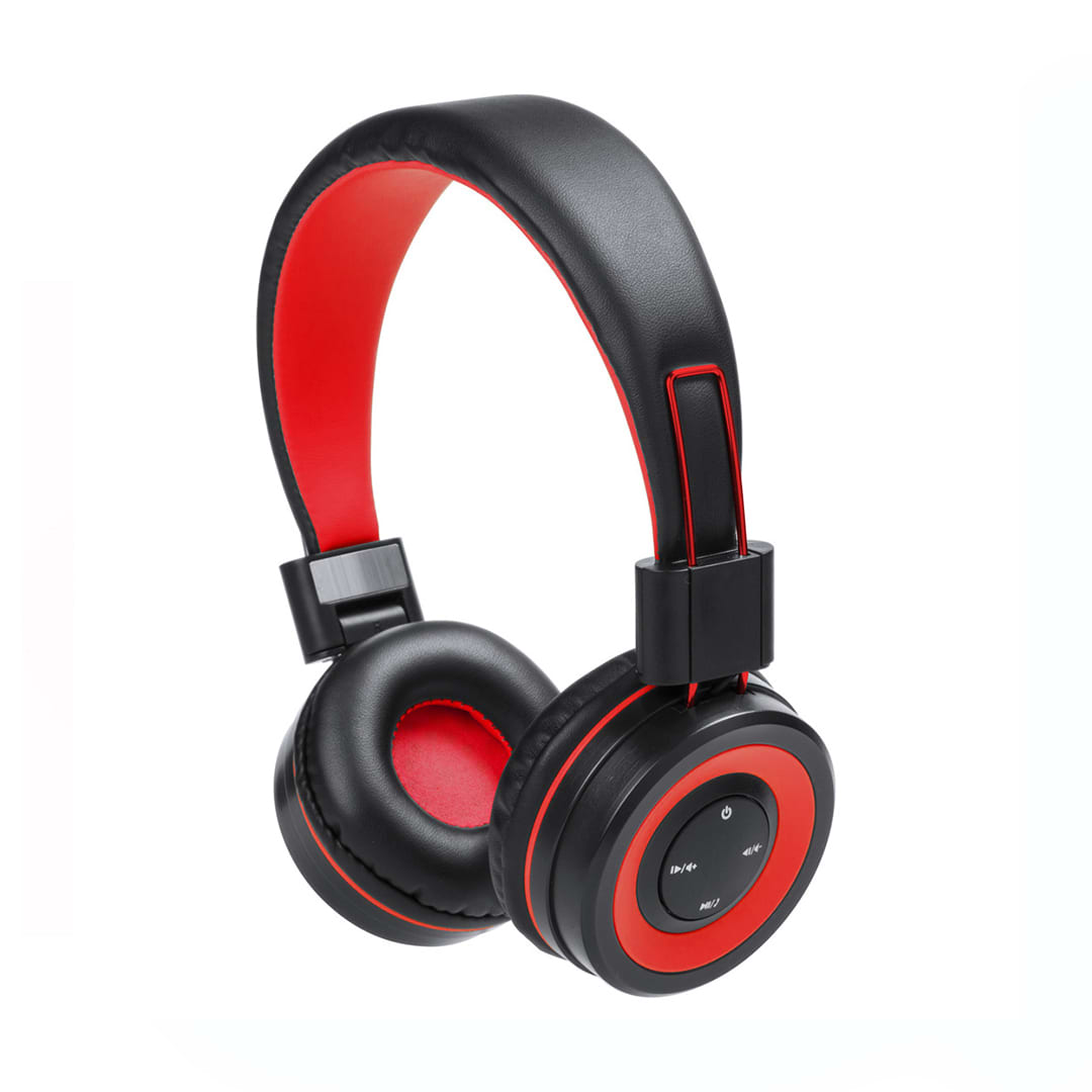 Black headphones with red accents, featuring a padded headband and ear cups, along with control buttons on one side. Tresor Headphones - Image 1