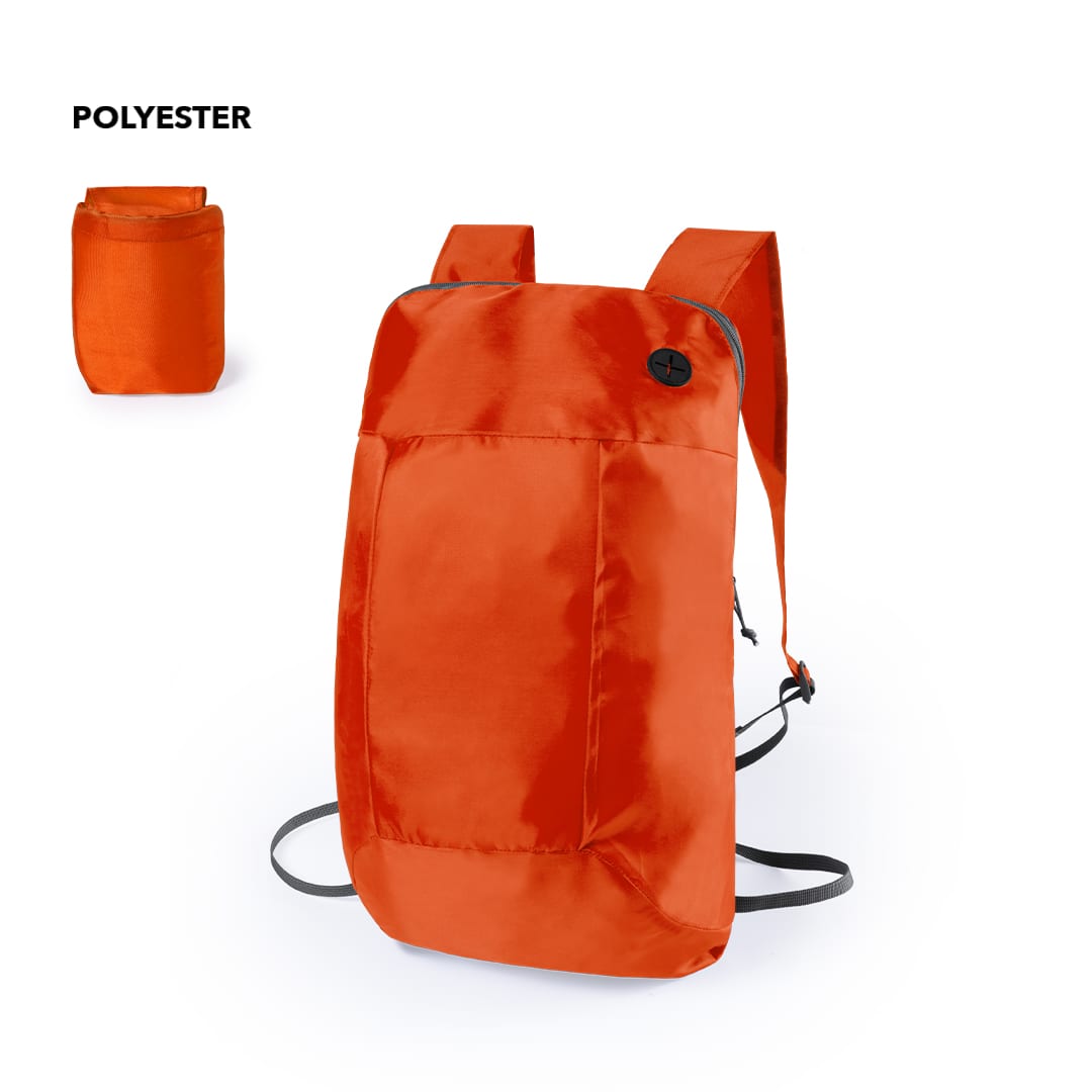 An orange foldable backpack with adjustable straps and a small pouch for storage. Features branding on the exterior. Signal Foldable Backpack - Image 1
