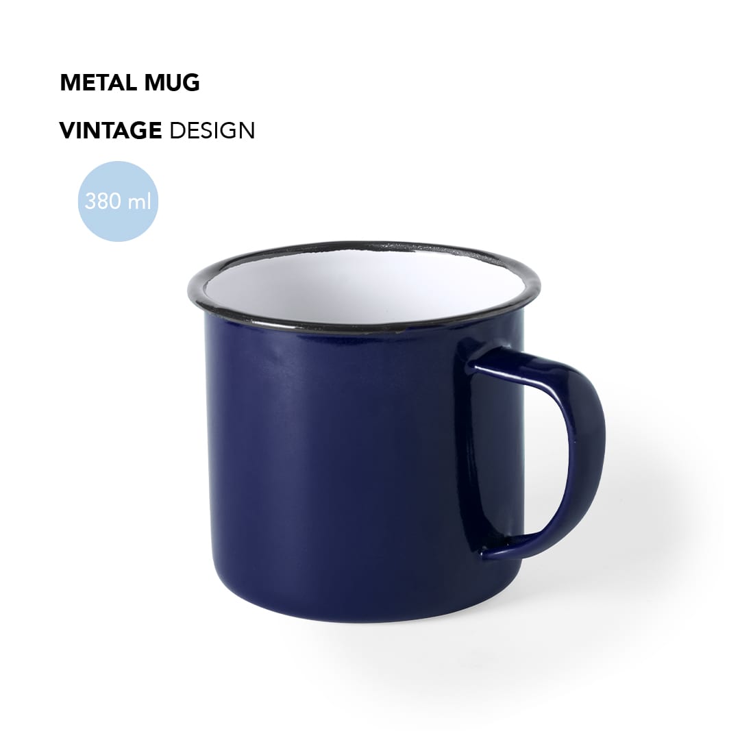 A navy blue metal mug with a vintage design and a silver rim, holding 380 ml. It features a sturdy handle. Wilem Mug - Image 1