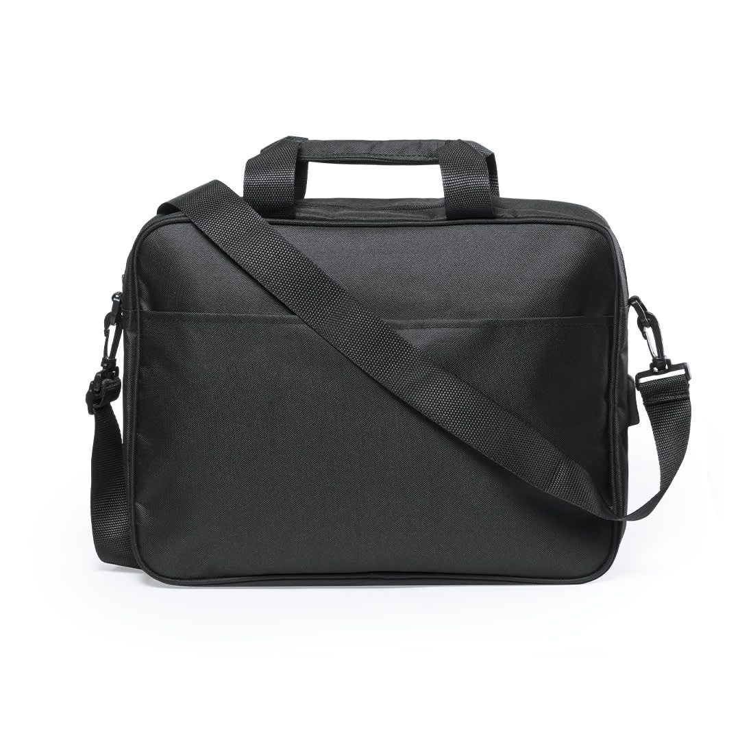 A black laptop bag with a shoulder strap and top handles, featuring a front pocket and a branding logo. Baldony Document Bag - Image 1