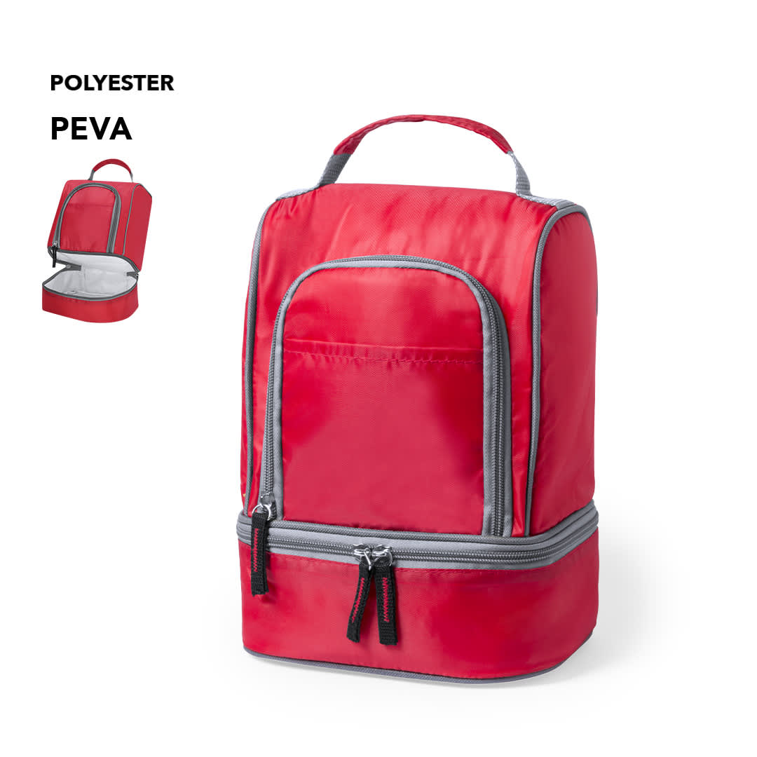 A red cooler bag made of polyester and PEVA, featuring a front pocket and a zippered main compartment. Listak Cool Bag - Image 1
