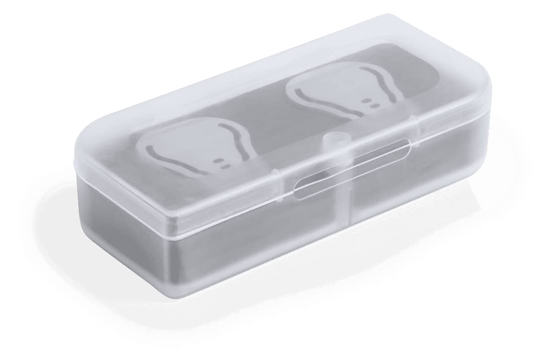 A transparent container with a grey interior, designed to hold clips, featuring a simple design and a closure mechanism. Bomtel Clips Holder - Image 1