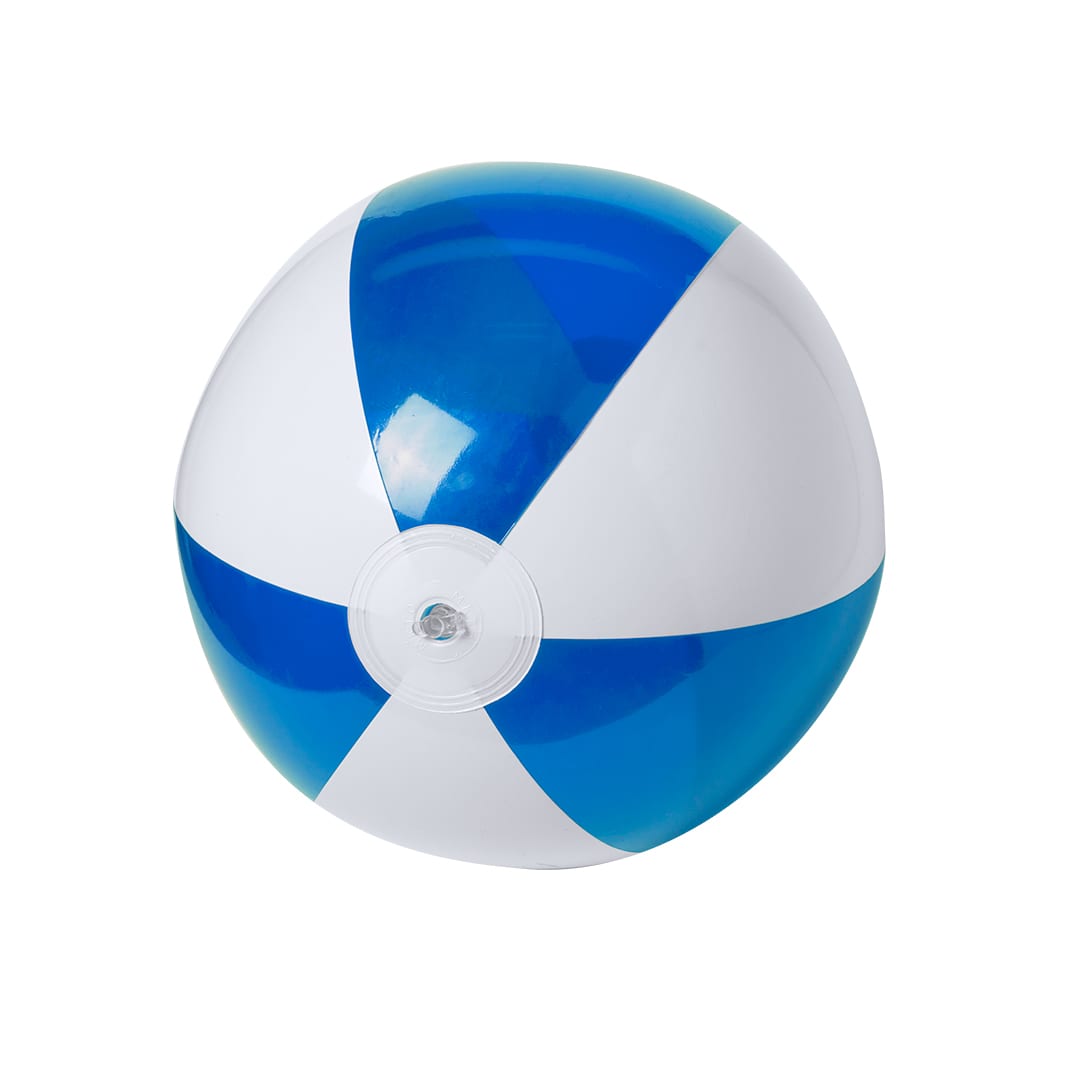 A beach ball featuring alternating blue and white panels, with a small valve for inflation. Zeusty Beach Ball - Image 1