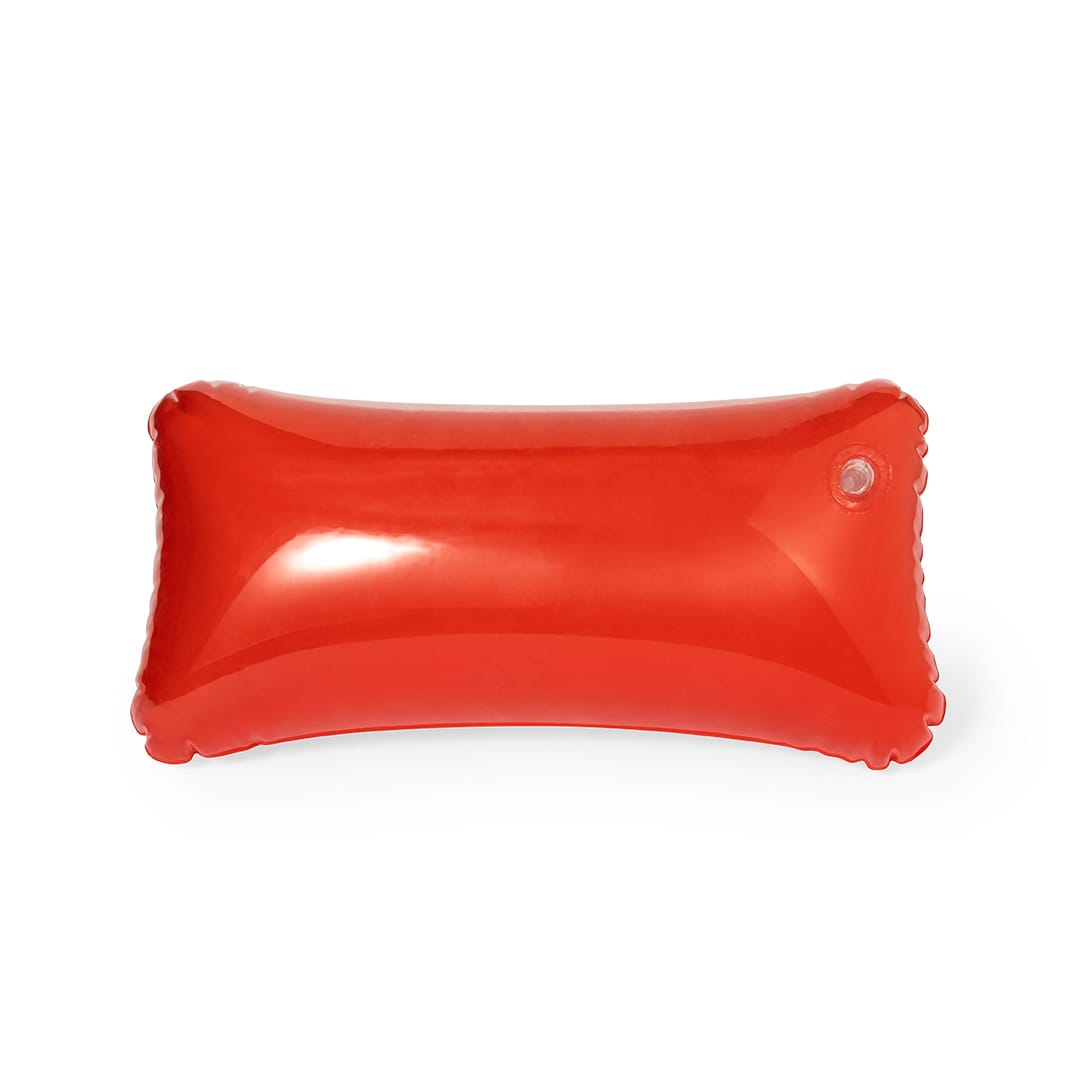 A red inflatable pillow with a smooth, glossy finish and a small valve for inflation. Blisit Pillow - Image 1