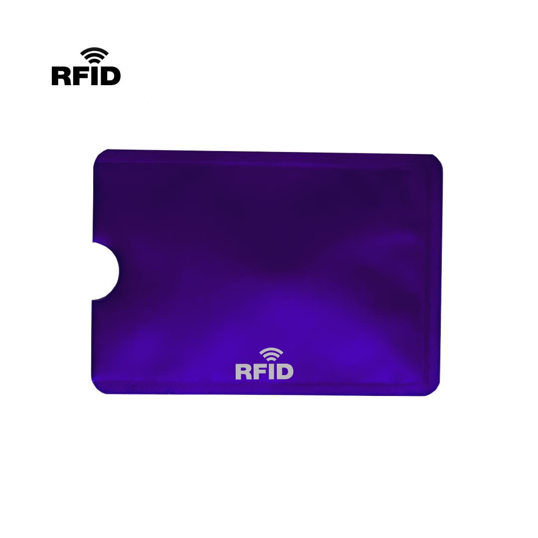 A purple card holder featuring an RFID logo, designed to protect cards from scanning. Becam Card Holder - Image 1