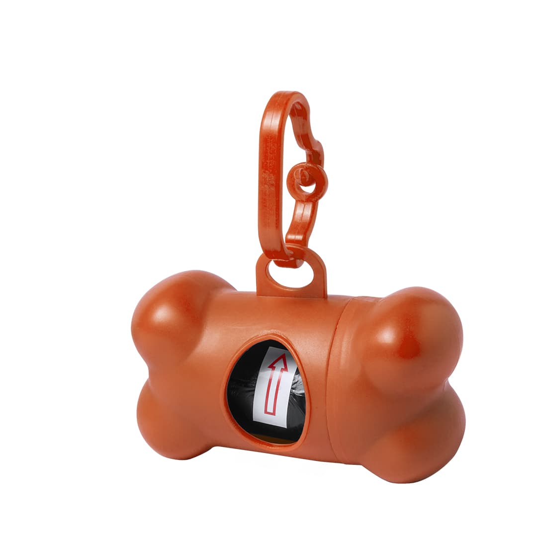 An orange bone-shaped waste bag dispenser with a clip for attachment, featuring a visible roll of waste bags inside. Rucin Waste Bag Dispenser - Image 1