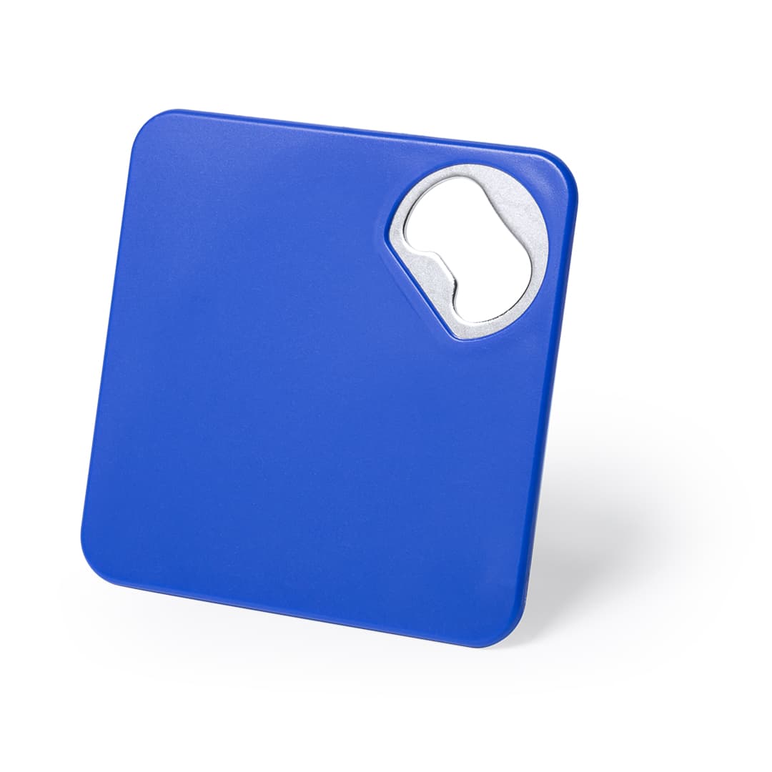 A blue square coaster with a built-in bottle opener and a metallic opening. It features a logo on its surface. Olmux Opener Coaster - Image 1