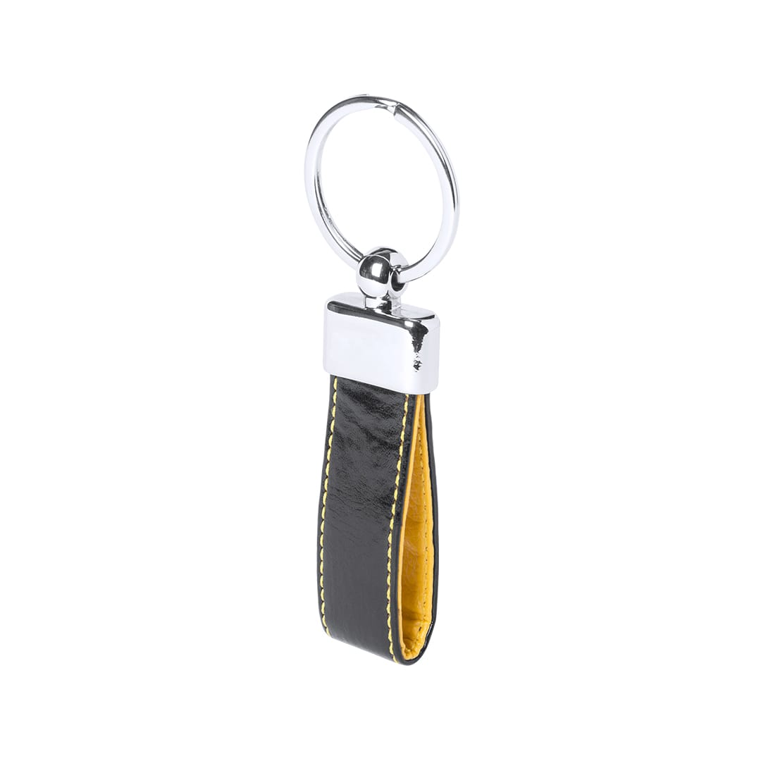 A keyring featuring a shiny silver ring and a black leather strap with yellow stitching. Boriem Keyring - Image 1