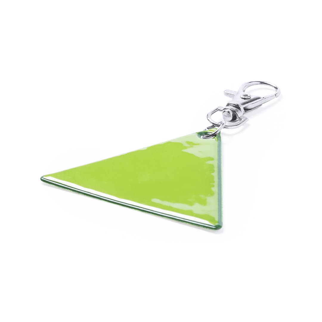 A triangular green keyring with a shiny finish and a silver clip attachment. Koreflec Keyring - Image 1