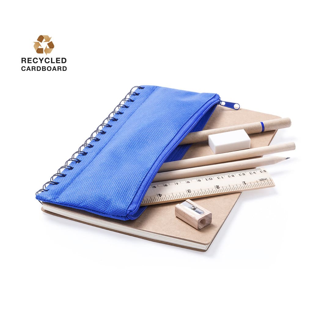 A blue notebook with a pencil case, pencils, a ruler, and a sharpener, resting on a brown notepad. Mosku Notebook - Image 1