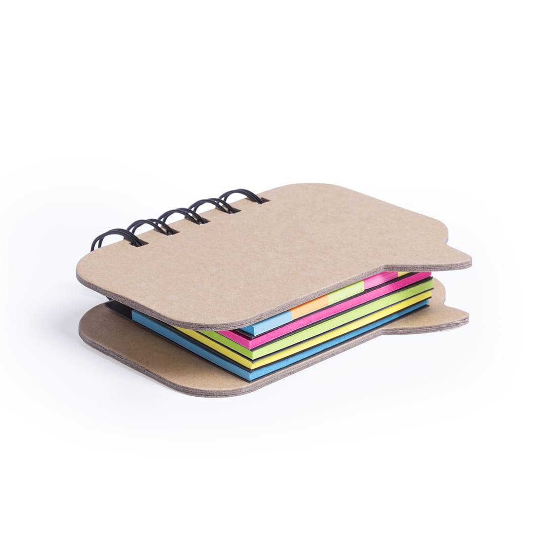 A notepad with a cardboard cover and multicoloured sticky notes inside, featuring a logo on the front. Lazza Sticky Notepad - Image 1