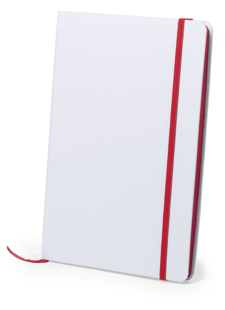 A white notepad with a red elastic band and ribbon marker. It features a simple design suitable for office use. Kaffol Notepad - Image 1