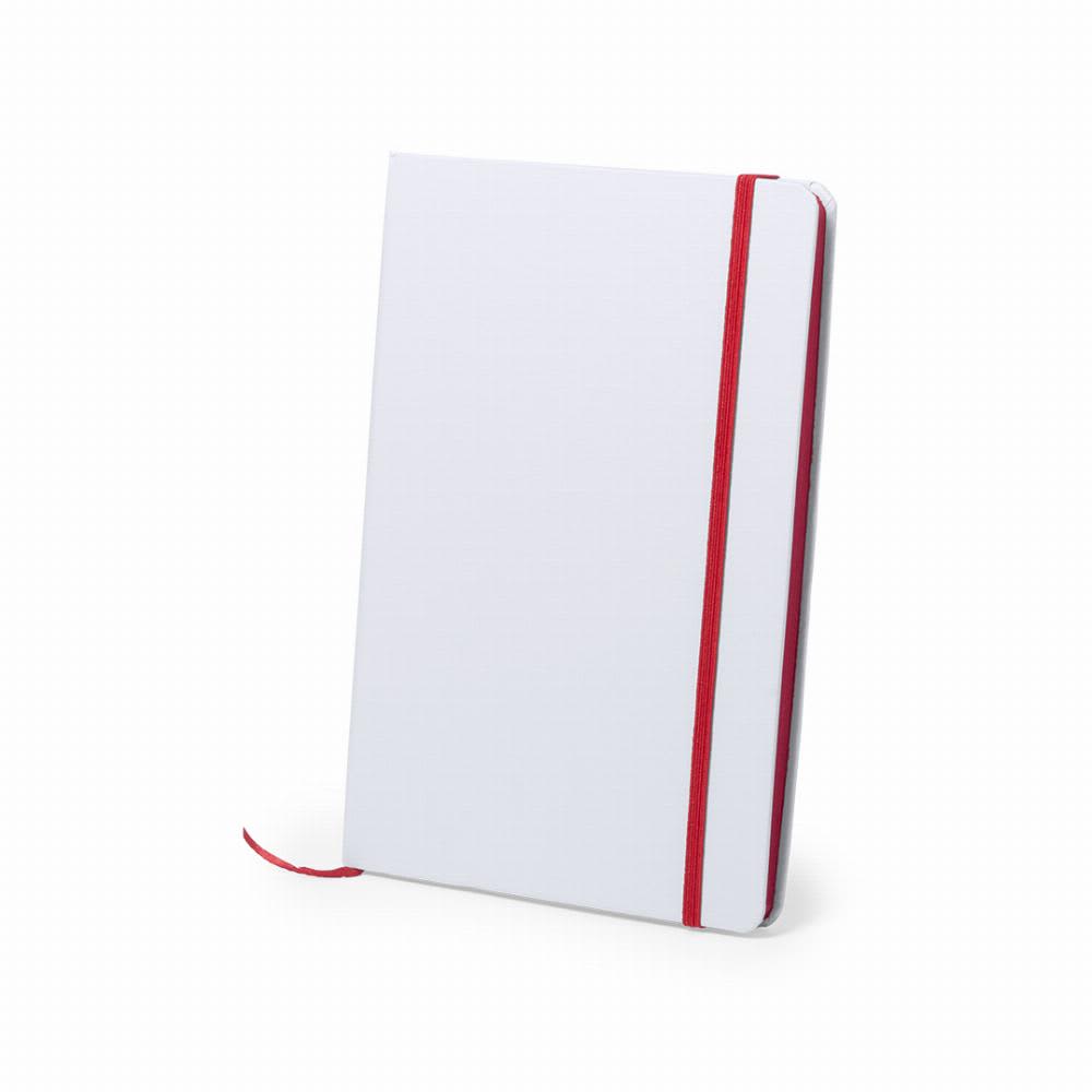 A notebook with a white cover, red elastic band, and red ribbon bookmark. It has a simple, modern design. Kaffol - Image 1
