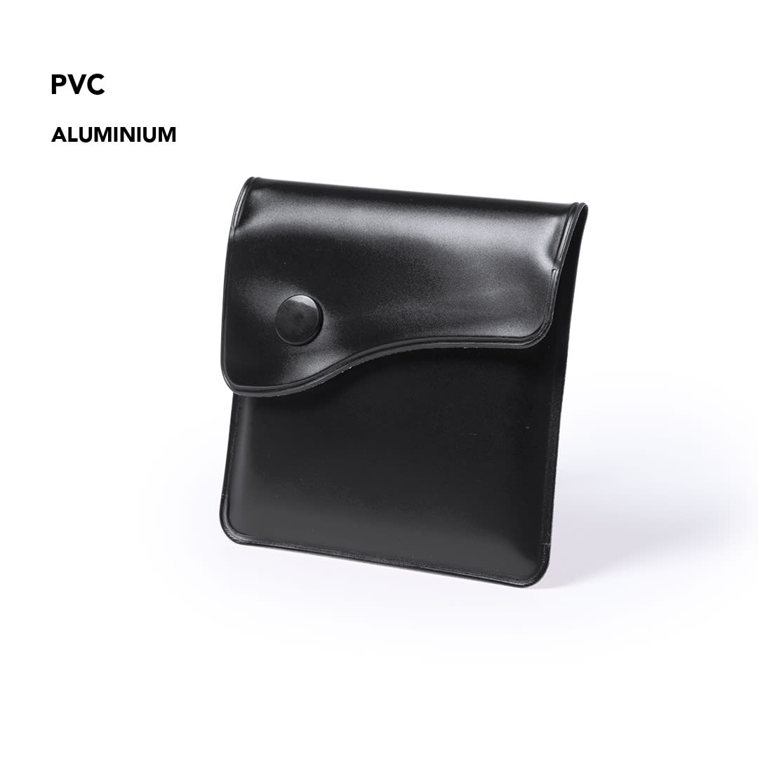 A black pocket ashtray with a snap button closure, made from PVC and aluminium. It has a sleek, compact design. Berko Pocket Ashtray - Image 1