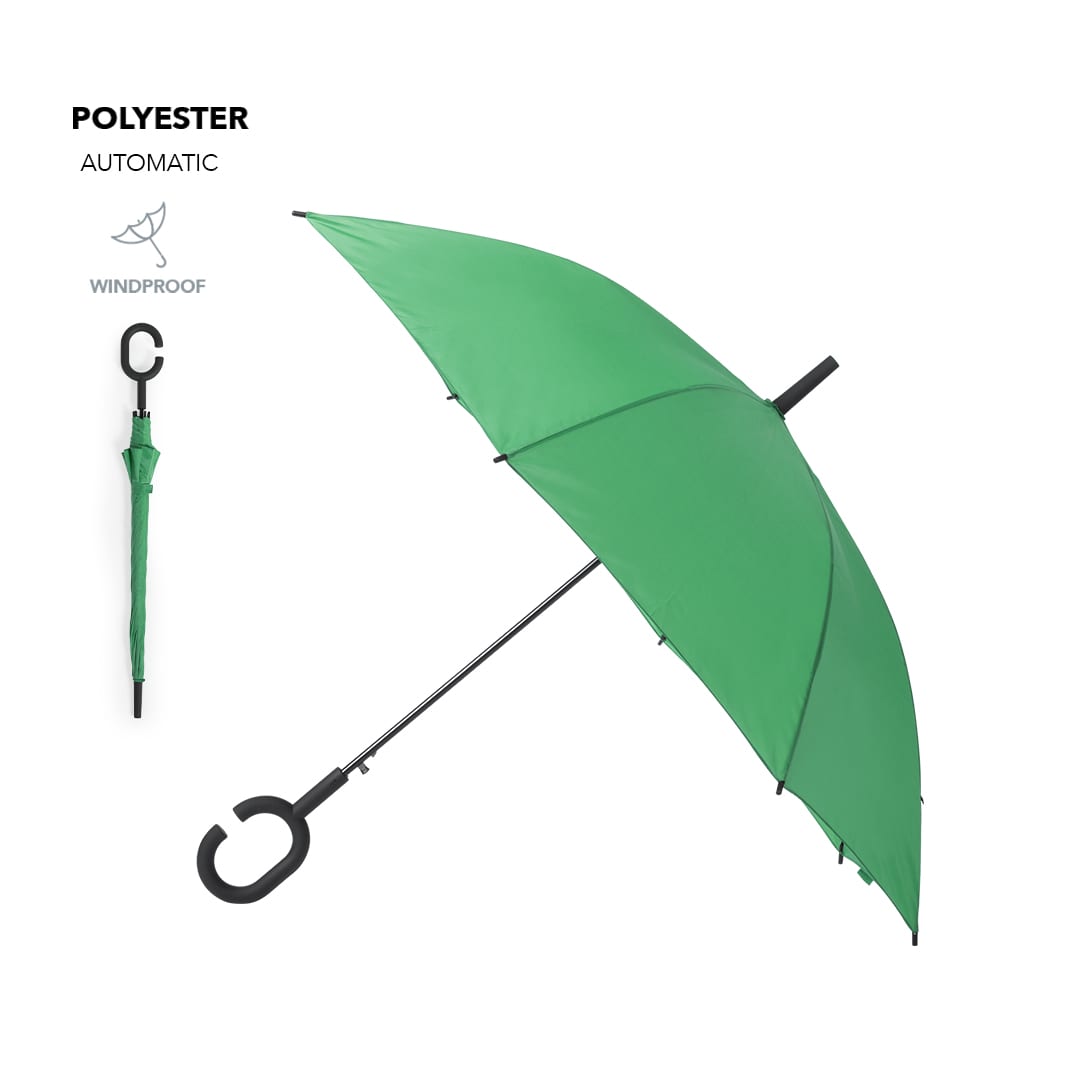 A green windproof umbrella with a black handle, featuring an automatic open mechanism. Halrum Umbrella - Image 1
