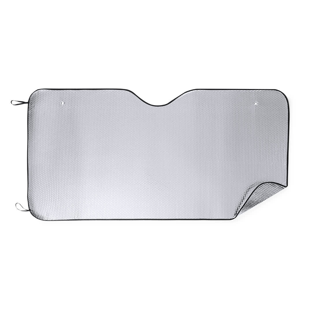 A reflective, lightweight sunshade in silver with a black trim, featuring attachment points on the edges. Belgiox Sunshade - Image 1