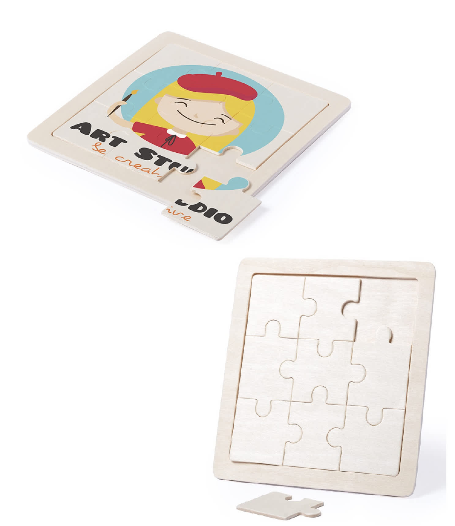 A wooden puzzle featuring a playful design with bright colours. It includes nine interlocking pieces. Sutrox - Image 1