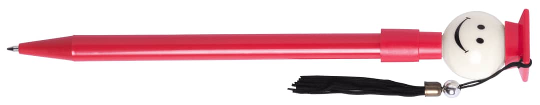A red pen with a smiling face on top and a tassel attached. It also features a branding logo. Gradox Pen - Image 1