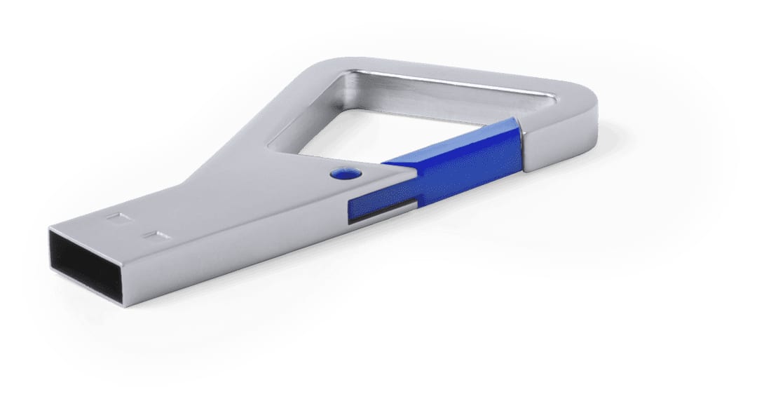 A silver and blue USB memory stick with a unique triangular design and a logo. Drelan 8GB USB Memory - Image 1