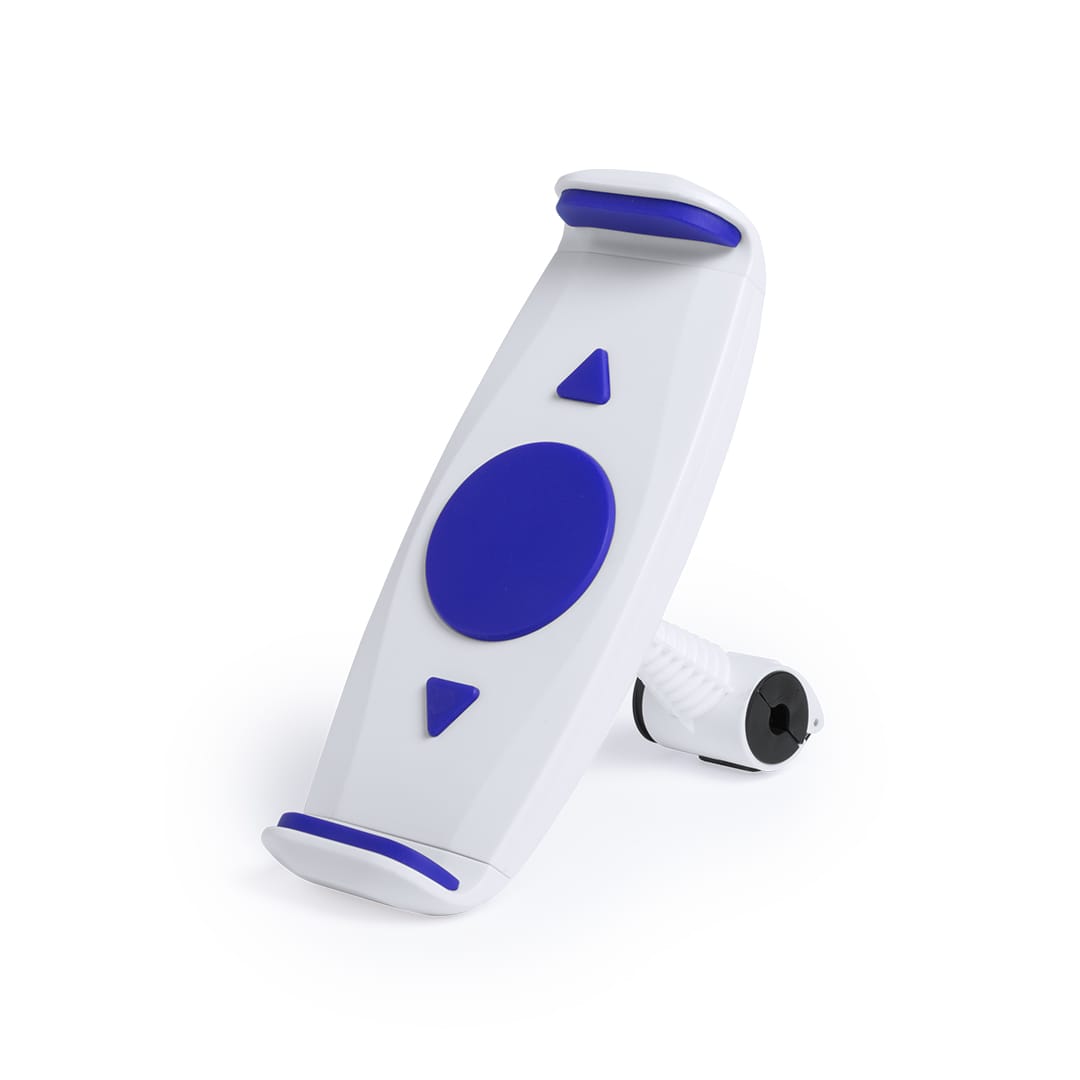 A white and blue car phone holder with a rotating mechanism and adjustable clamps. It features a logo. Osorix Holder - Image 1