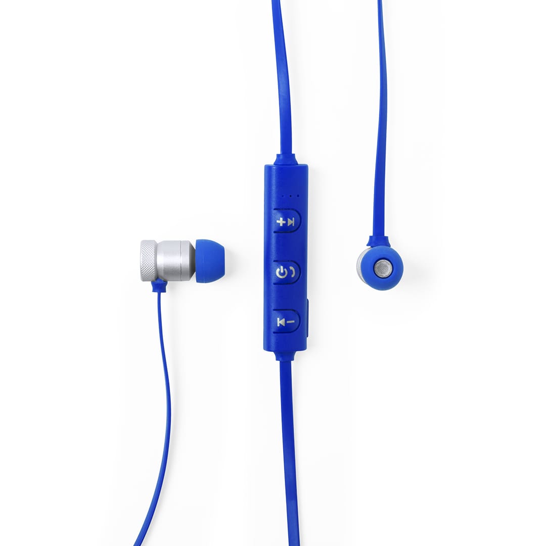 Blue Voltar Earphones featuring in-ear buds and a control module with buttons. The design includes a logo. Voltar Earphones - Image 1