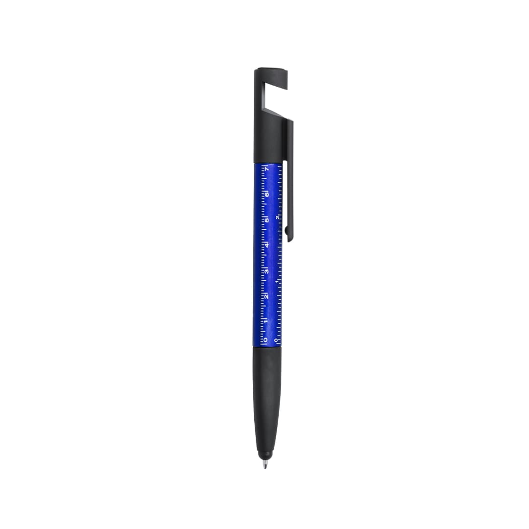 A multifunction pen in black and blue featuring a ruler, measuring scales, and an integrated clip. Payro 7 in 1 Multifunction Pen - Image 1