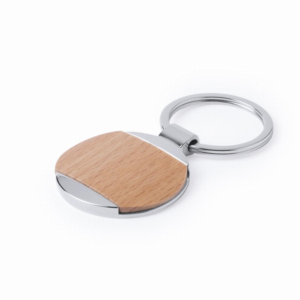 A keyring featuring a circular wooden design with a metallic finish, showcasing a blend of natural and metallic colours. Vitolok - Image 1
