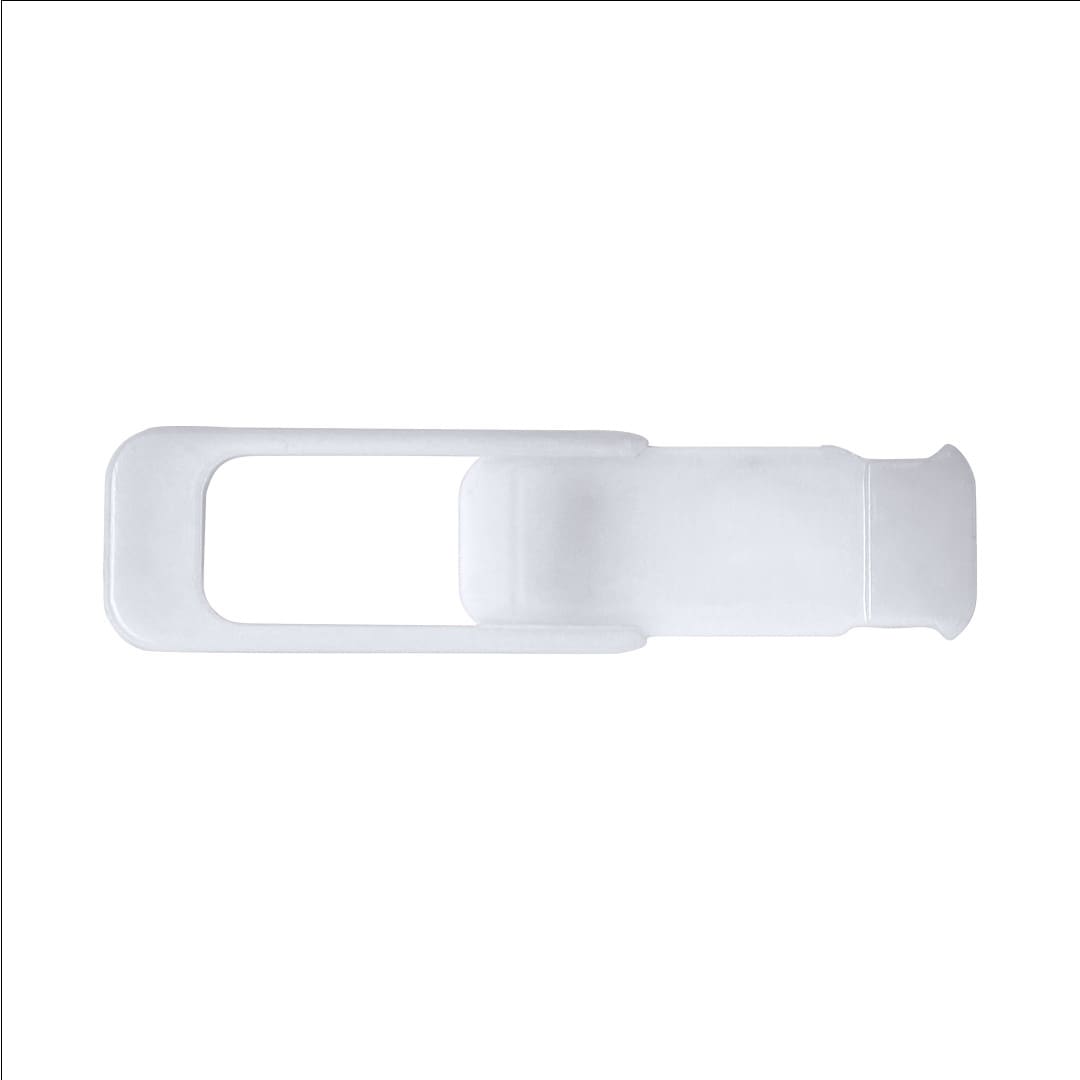 A white webcam cover with a rectangular shape and an opening for lenses, featuring a simple design. Lacol Webcam Cover - Image 1