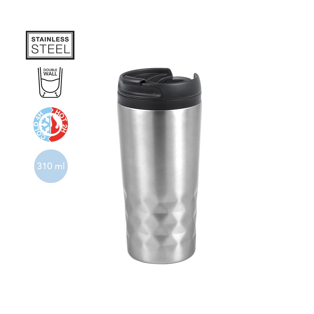 A stainless steel insulated cup with a double wall design, featuring a black lid and a geometric texture, holding 310 ml. Dritox Insulated Cup - Image 1
