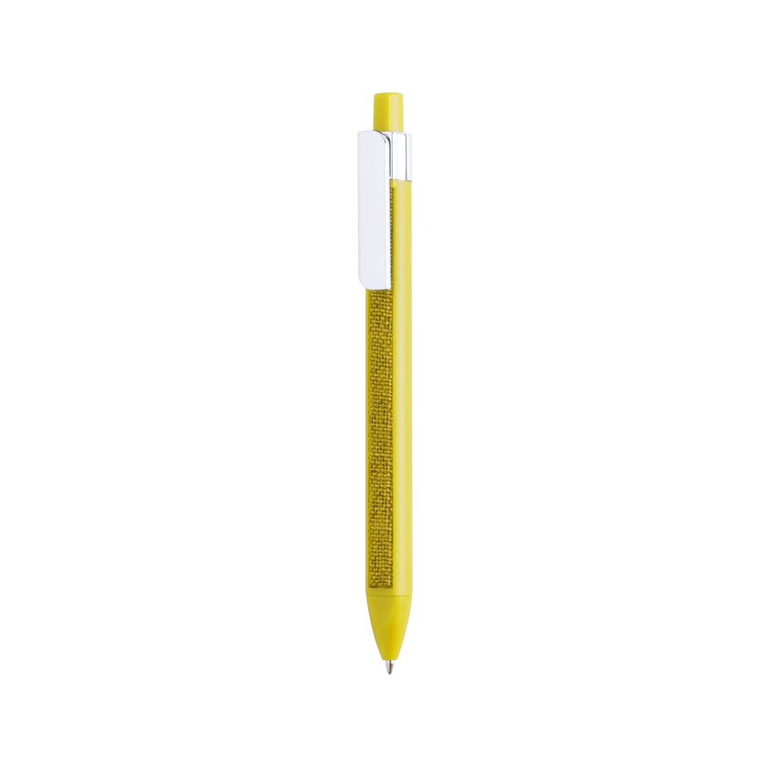 A yellow plastic pen with a shiny clip and a textured barrel, featuring a logo. Teins Pen - Image 1