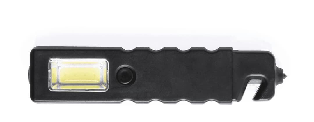 A black emergency hammer featuring a light and a hook. It has a sturdy grip and includes a branding logo. Laguel Emergency Hammer - Image 1