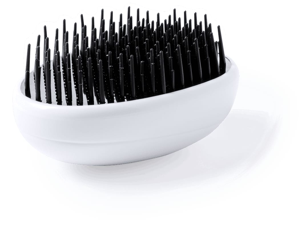 A hairbrush with a white base and black bristles, featuring an ergonomic design. It has a simple logo on the side. Zilam Hairbrush - Image 1