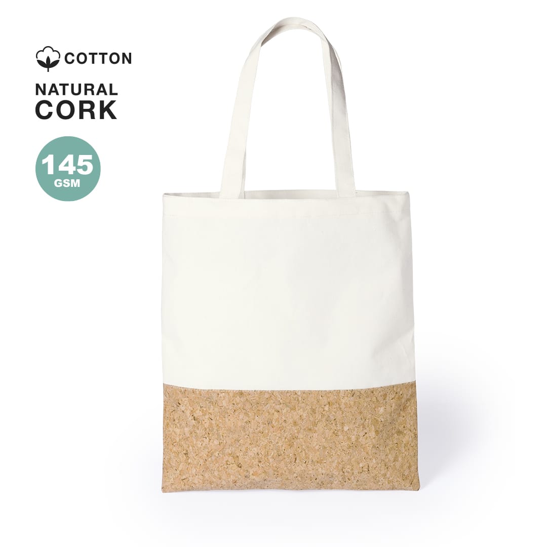 A tote bag featuring a white cotton upper and a natural cork lower section, equipped with handles. Tarlam Bag - Image 1