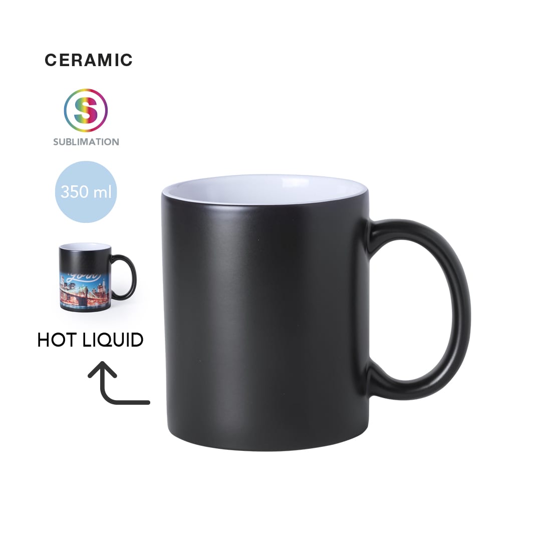 A black ceramic mug with a coloured interior, featuring a handle and a sublimation branding logo. Holds 350 ml. Bardot Sublimation Mug - Image 1