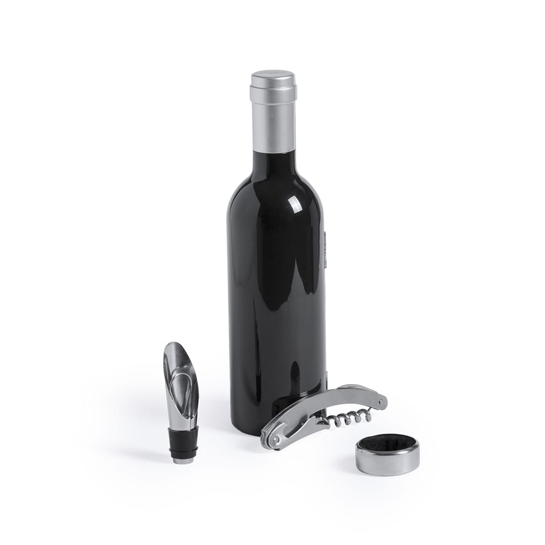 A black wine bottle accompanied by a corkscrew, a pourer, and a bottle stopper, all with metallic accents. Sousky Wine Set - Image 1