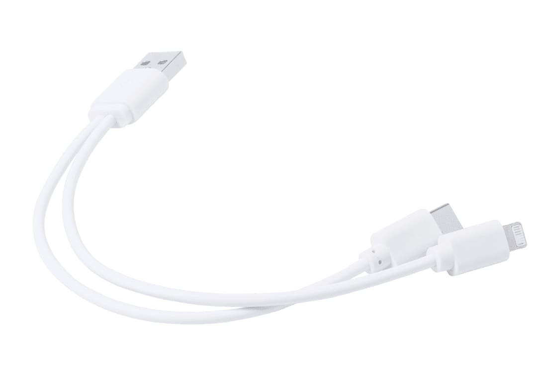 A charging cable in white featuring a USB connector and two additional connectors. The cable has a sleek design. Vitral Charging Cable - Image 1